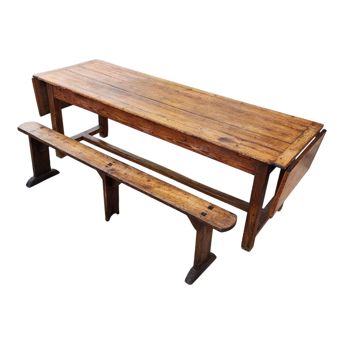 antique primitive French drop leaf refractory pub table and bench at EclecticCollective.com - Main Product Photo