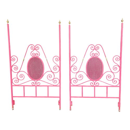 vintage mid-century Hollywood regency fuschia hot pink brass trimmed headboard and footboard or 2 headboards - a pair at EclecticCollective.com - Main Product Photo