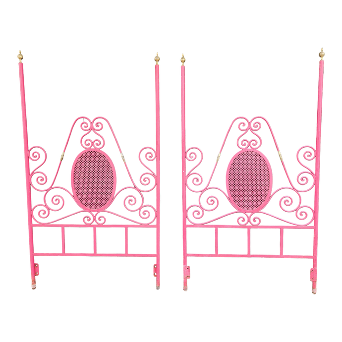 vintage mid-century Hollywood regency fuschia hot pink brass trimmed headboard and footboard or 2 headboards - a pair at EclecticCollective.com - Main Product Photo