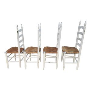 Vintage Farmhouse Chippy White Painted Rush Seat Ladderback Dining Chairs - Set Of 4