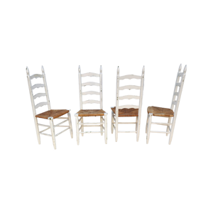vintage farmhouse chippy white painted rush seat ladderback dining chairs - set of 4 - at EclecticCollective.com - Thumbnail