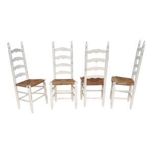 vintage farmhouse chippy white painted rush seat ladderback dining chairs - set of 4 at EclecticCollective.com - Main Product Photo