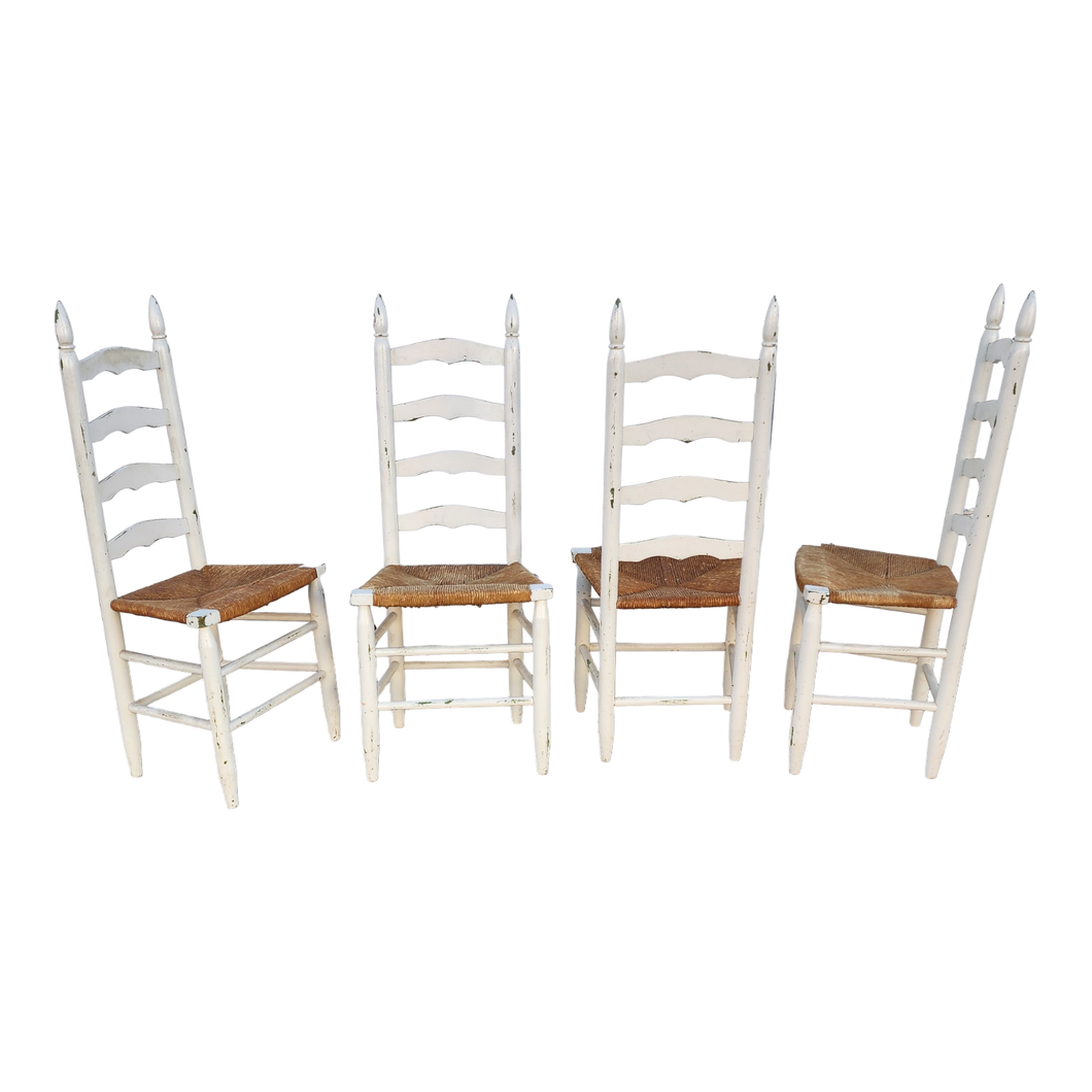 vintage farmhouse chippy white painted rush seat ladderback dining chairs - set of 4 at EclecticCollective.com - Main Product Photo