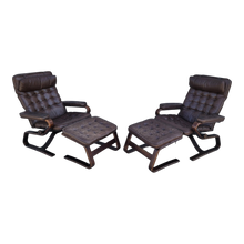 Load image into Gallery viewer, Vintage Scandinavian Modern Swedish Reclining Leather and Bent Wood Lounge Chairs With Ottomans - a Pair