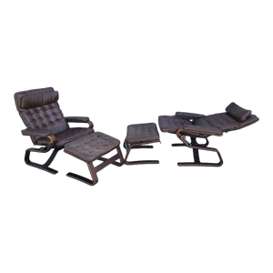 Vintage Scandinavian Modern Swedish Reclining Leather and Bent Wood Lounge Chairs With Ottomans - a Pair
