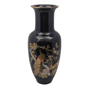 COMING SOON - Vintage 1960s Navy Blue Ceramic Vase Attributed to Bijutsu Toki Hand Painted Peacock, Cherry Blossom Made in Japan