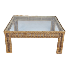 Load image into Gallery viewer, Vintage Coastal Boho Chic Square Woven Wicker Rattan Braided Trim Glass Topped Coffee Table