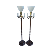 Load image into Gallery viewer, Vintage Victorian Style Dark Wood 3 Arm Torchiere Floor Lamps - A Pair