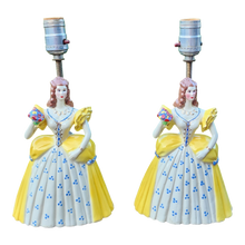 Load image into Gallery viewer, Vintage Victorian Ladies In Yellow Dresses Boudoir Bedside Table Lamps - A Pair