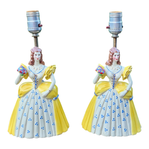 Vintage Victorian Ladies In Yellow Dresses Boudoir Bedside Table Lamps - A Pair