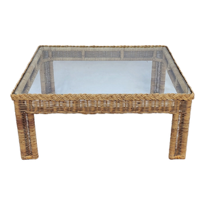 Vintage Coastal Boho Chic Square Woven Wicker Rattan Braided Trim Glass Topped Coffee Table