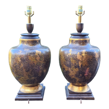 Load image into Gallery viewer, Vintage Mid Century Urn Shaped Lamps With Gold Leaf Scavo Glaze - A Pair