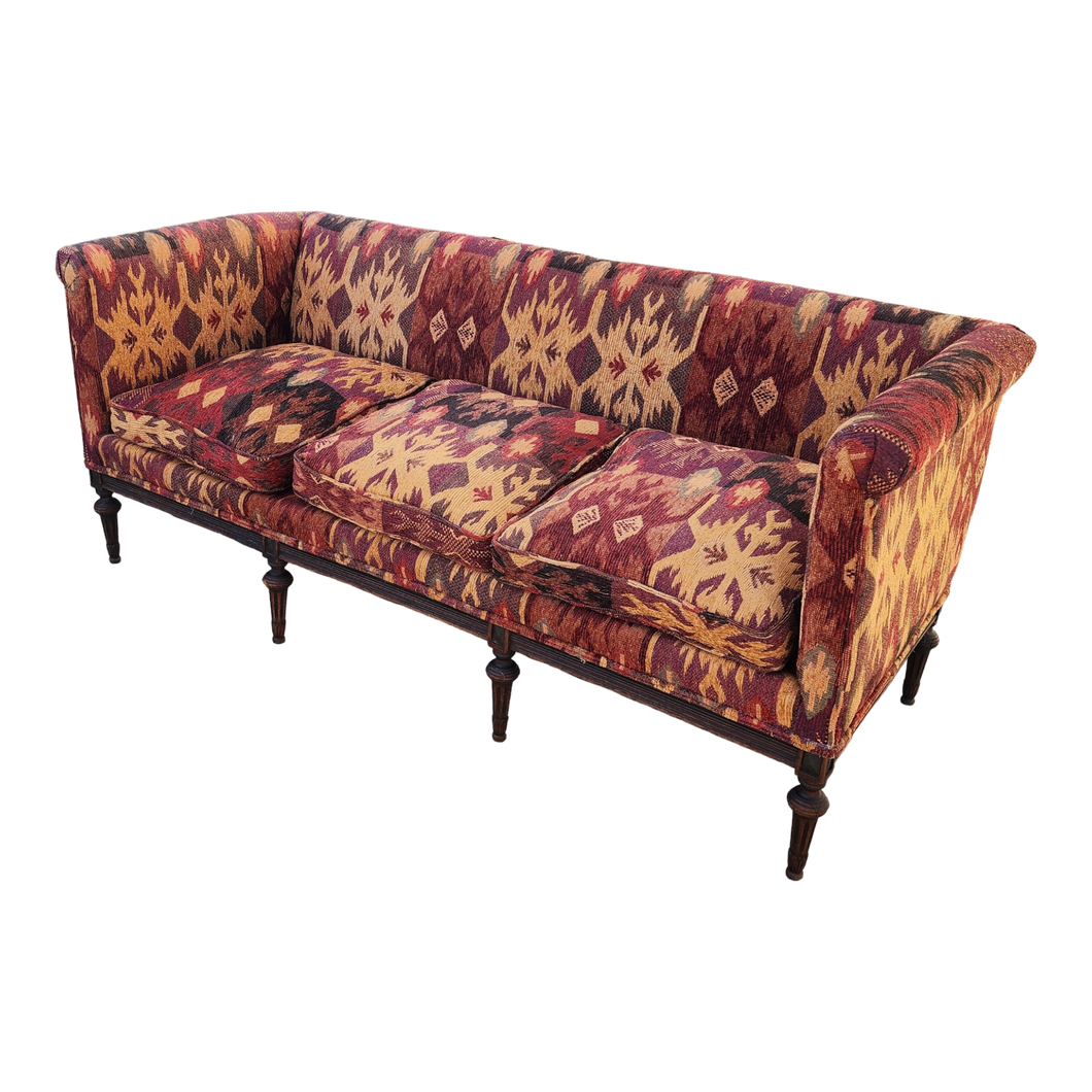 antique french neoclassical revival sofa with faux kilim upholstery at EclecticCollective.com - Main Product Photo