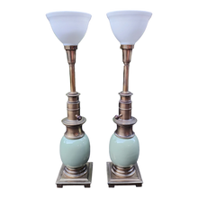 Load image into Gallery viewer, Vintage Stiffel Ostrich Egg Torchiere Table Lamps In Celadon Mint Green - A Pair