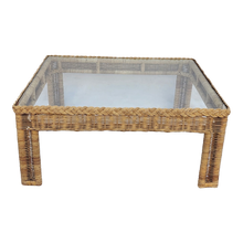 Load image into Gallery viewer, Vintage Coastal Boho Chic Square Woven Wicker Rattan Braided Trim Glass Topped Coffee Table