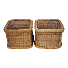 Load image into Gallery viewer, Vintage Coastal Boho Chic Woven Rattan Braided Wicker Trim Glass Topped Side Tables - A Pair