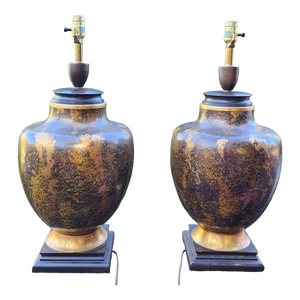 Vintage Mid Century Urn Shaped Lamps With Gold Leaf Scavo Glaze - A Pair