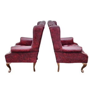 Vintage Oxblood Faux Leather Tufted Queen Ann Wingback Chesterfield Armchairs - A Pair