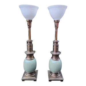 Vintage Stiffel Ostrich Egg Torchiere Table Lamps In Celadon Mint Green - A Pair
