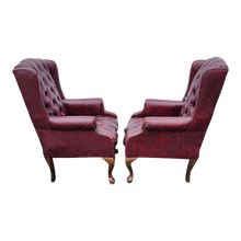 Load image into Gallery viewer, Vintage Oxblood Faux Leather Tufted Queen Ann Wingback Chesterfield Armchairs - A Pair