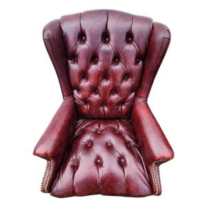 Vintage Oxblood Faux Leather Tufted Queen Ann Wingback Chesterfield Armchairs - A Pair