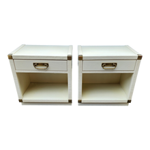 Load image into Gallery viewer, Vintage Drexel White Faux Wicker Trimmed Campaign Style Nightstands - A Pair