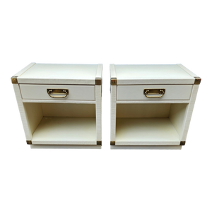 Vintage Drexel White Faux Wicker Trimmed Campaign Style Nightstands - A Pair