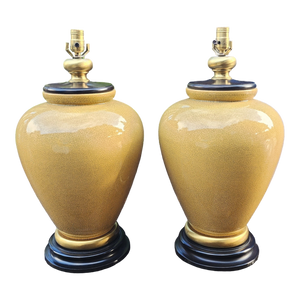 Vintage Monumental Mustard Yellow Crackle Glaze Frederick Cooper Urn Shaped Table Lamps - A Pair
