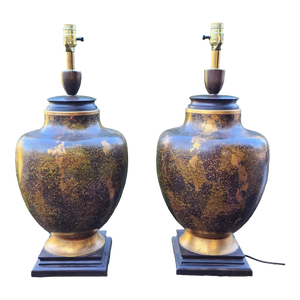 Vintage Mid Century Urn Shaped Lamps With Gold Leaf Scavo Glaze - A Pair