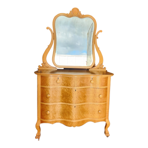 Vintage Blonde Birdseye Maple Double Serpentine Front Clawfoot 2 Over 2 Dresser With Mirror