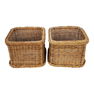 Vintage Coastal Boho Chic Woven Rattan Braided Wicker Trim Glass Topped Side Tables - A Pair