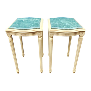 Vintage Cream White And Egyptian Green Marble Neoclassical Side Tables - A Pair
