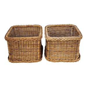 Vintage Coastal Boho Chic Woven Rattan Braided Wicker Trim Glass Topped Side Tables - A Pair