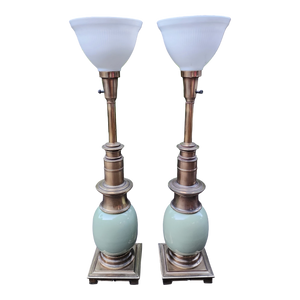 Vintage Stiffel Ostrich Egg Torchiere Table Lamps In Celadon Mint Green - A Pair