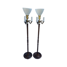 Load image into Gallery viewer, Vintage Victorian Style Dark Wood 3 Arm Torchiere Floor Lamps - A Pair