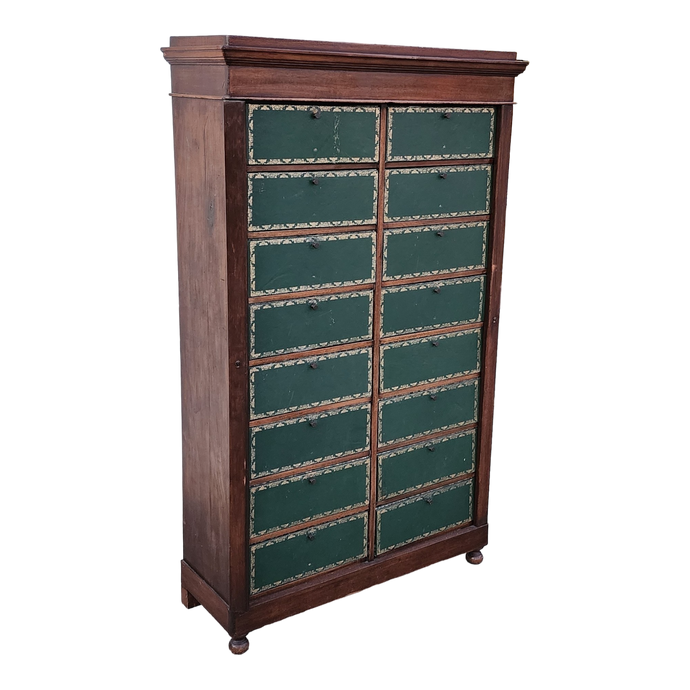 Antique French cartonnier cabinet with hunter green faux leather box fronts - Main Product Photo - EclecticCollective.com