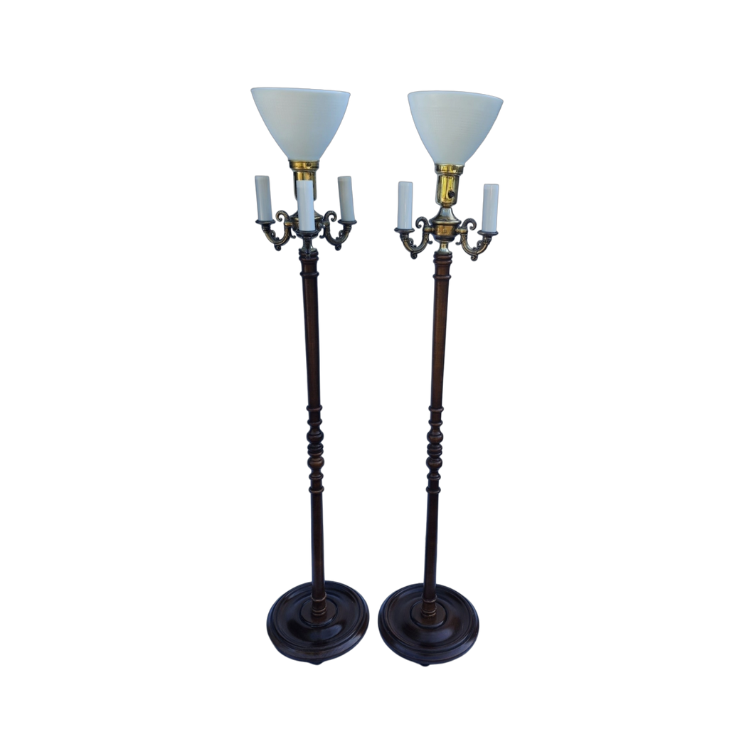 Vintage Victorian Style Dark Wood 3 Arm Torchiere Floor Lamps - a Pair at EclecticCollective.com - Main Product Photo