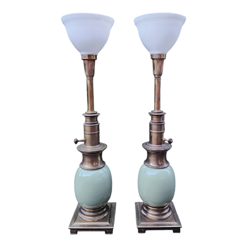vintage stiffel ostrich egg torchiere table lamps in celadon mint green - a pair at EclecticCollective.com - Main Product Photo