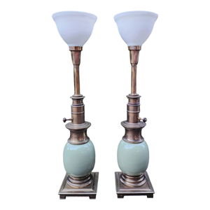 vintage stiffel ostrich egg torchiere table lamps in celadon mint green - a pair at EclecticCollective.com - Main Product Photo