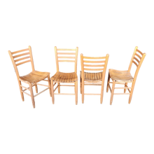 Load image into Gallery viewer, Vintage Primitive Bentwood Slat Seated Ladderback Dining Chairs In Natural Oak Finish From Builtright Chair Company - Main Product Photo - EclecticCollective.com