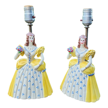 Load image into Gallery viewer, vintage Victorian Ladies in Yellow dresses boudoir bedside table lamps - a pair at EclecticCollective.com - Main Product Photo