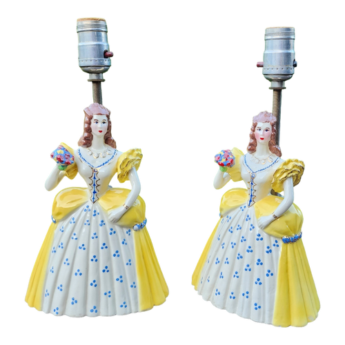 vintage Victorian Ladies in Yellow dresses boudoir bedside table lamps - a pair at EclecticCollective.com - Main Product Photo