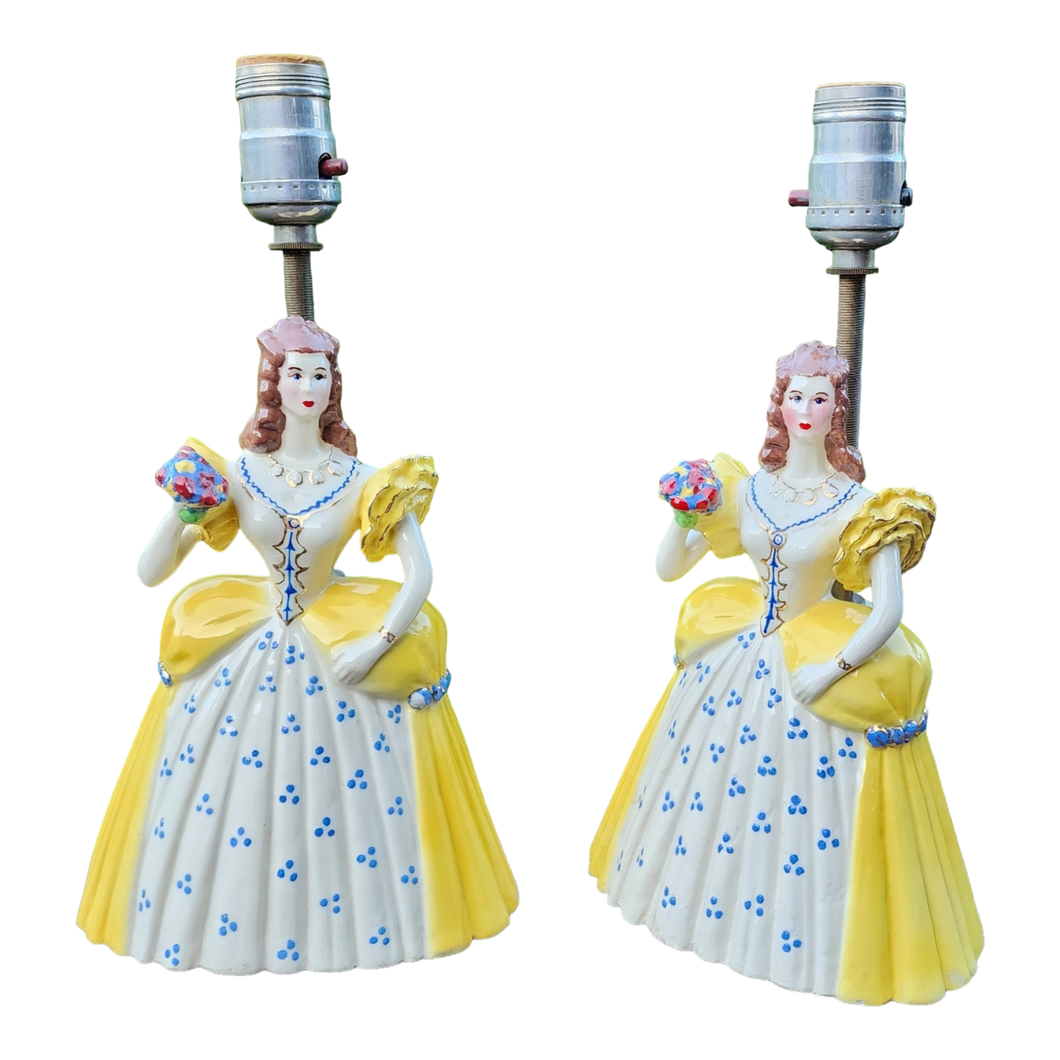vintage Victorian Ladies in Yellow dresses boudoir bedside table lamps - a pair at EclecticCollective.com - Main Product Photo