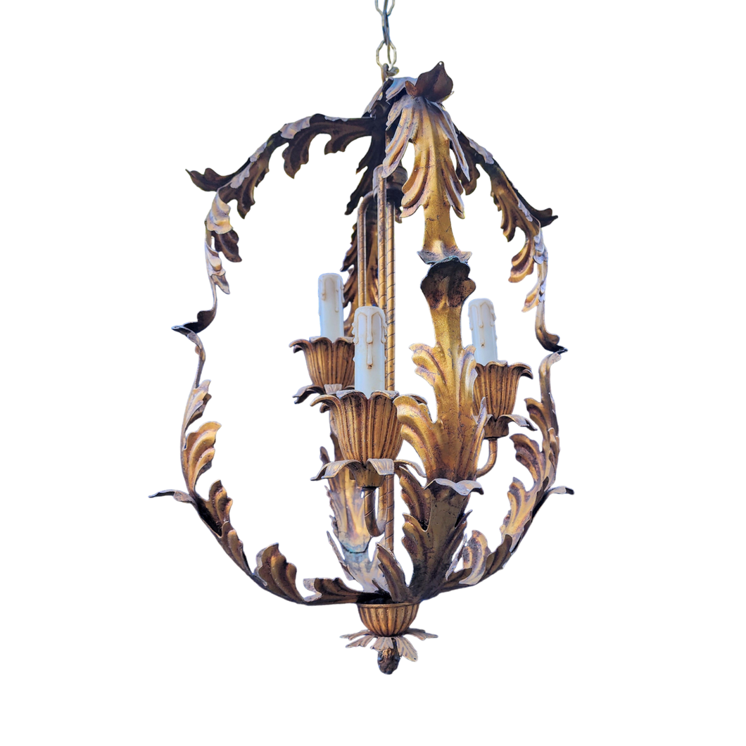Vintage Gold Leaf Neoclassical 3 Light Lantern Chandelier at EclecticCollective.com - Main Product Photo