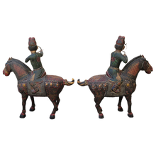 Load image into Gallery viewer, Vintage Faux Cloisonne Chinoiserie Archers on Horseback Painted Metal Sculptures - a Pair
