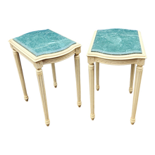 Load image into Gallery viewer, Vintage cream white and egyptian green marble Neoclassical side tables - a pair at EclecticCollective.com - Main Product Photo