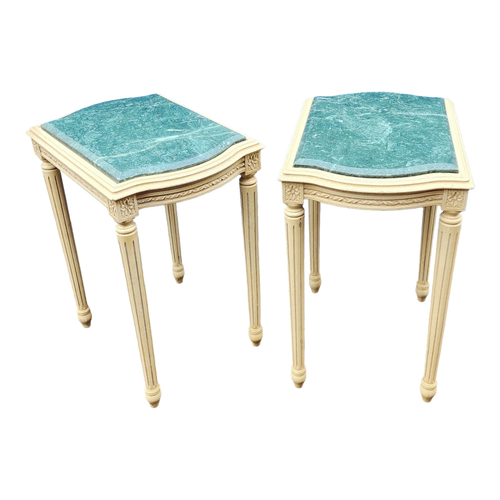 Vintage cream white and egyptian green marble Neoclassical side tables - a pair at EclecticCollective.com - Main Product Photo