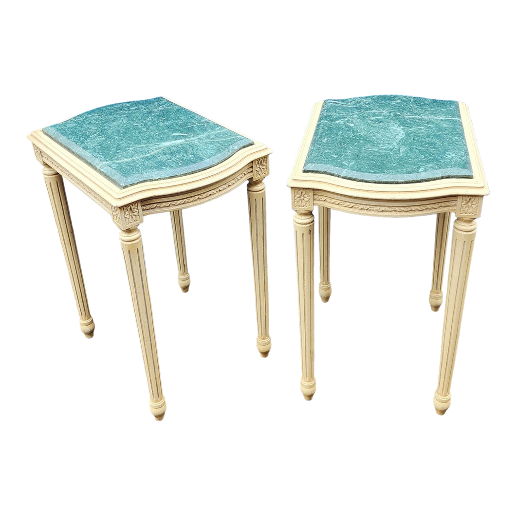Vintage cream white and egyptian green marble Neoclassical side tables - a pair at EclecticCollective.com - Main Product Photo