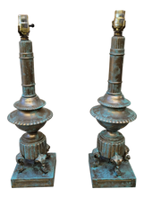 Load image into Gallery viewer, Faux Verdigris Finish Brass Urn Lamps - a Pair