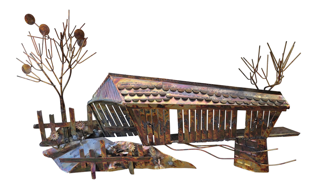 1970s Vintage Brutalist Copper Covered Bridge Metal Wall Sculpture in the Style of Curtis Jere